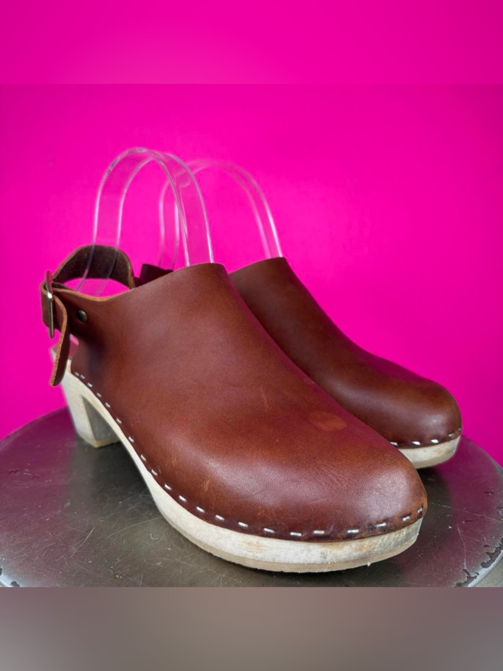 Bryr Suzie Brown Leather Wooden Heel Slingback Clog EU 38